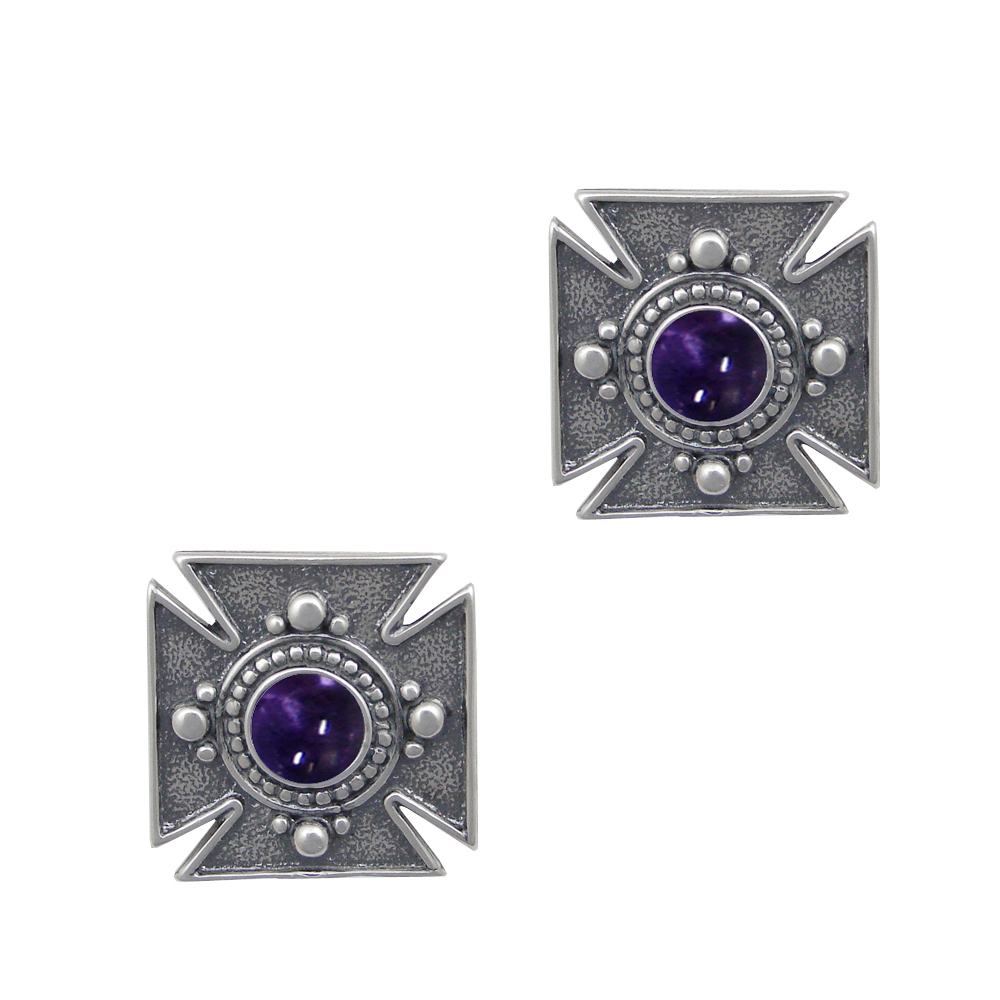 Sterling Silver Small Iron Cross Post Stud Earrings With Iolite